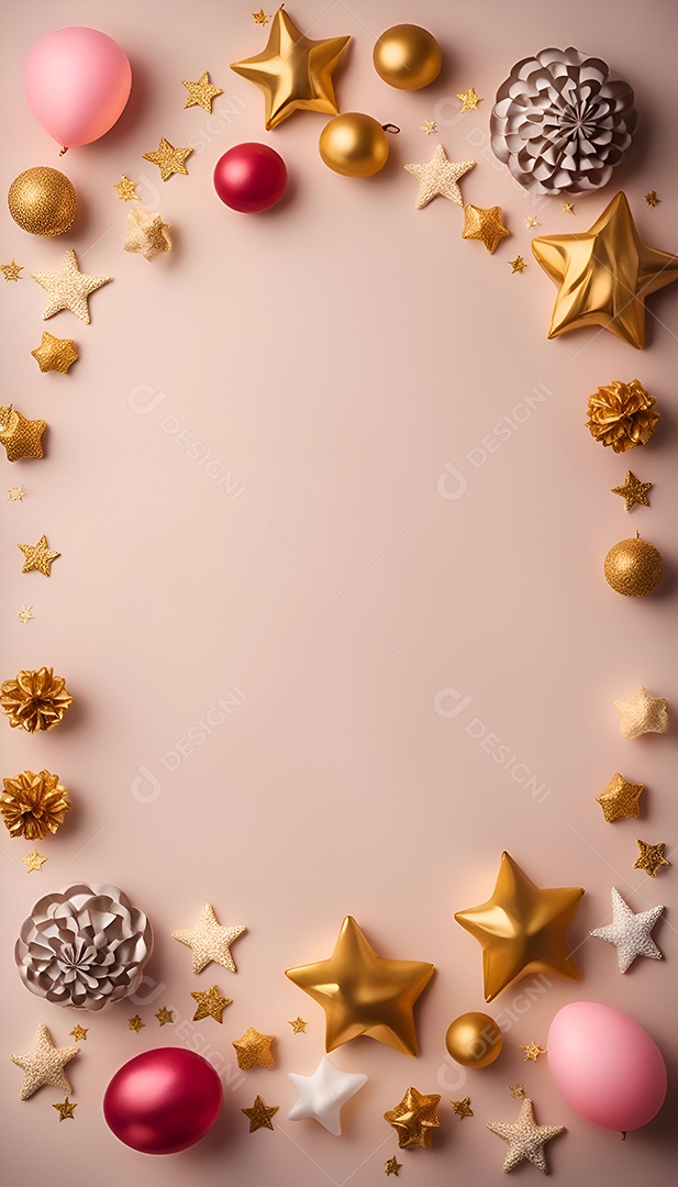 Fundo de Natal com enfeites dourados e enfeites. Vista do topo.