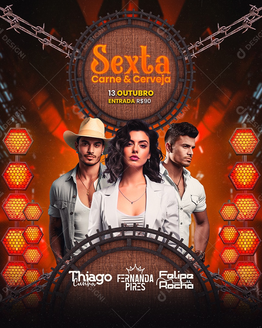 Flyer Sexta Carne & Cerveja Thiago Cunha Fernanda Pires Felipe Rocha Social Media PSD Editável