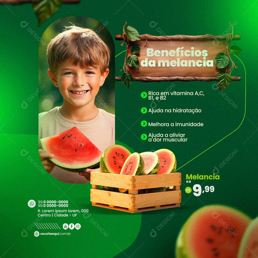 Hortifruti Benefícios da Melancia Rica em Vitamina A C B1 e B2 Social Media PSD Editável