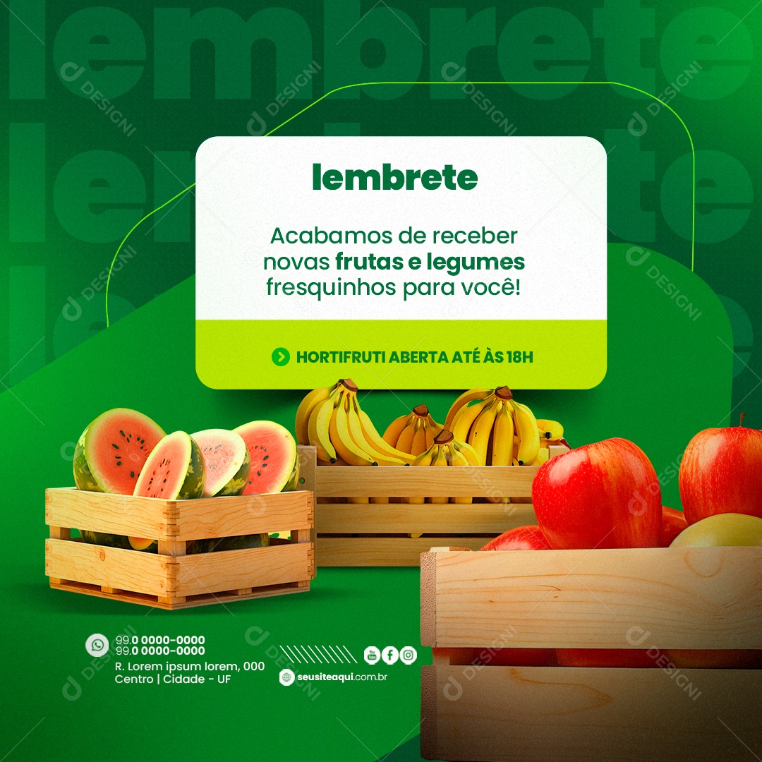 Hortifruti Lembrete Acabamos de Receber Social Media PSD Editável