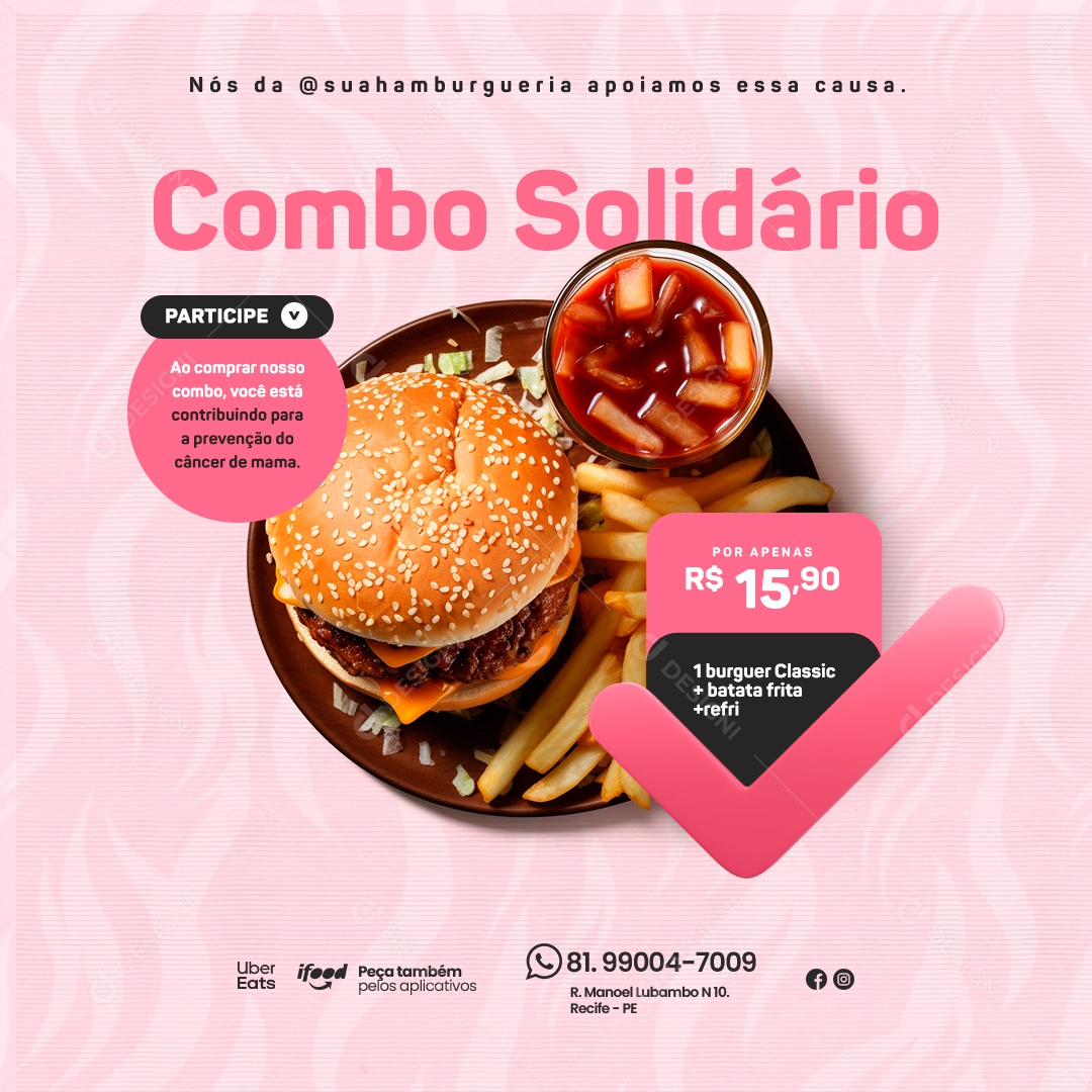 Hamburgueria Outubro Rosa Combo Solidário Participe Social Media PSD Editável