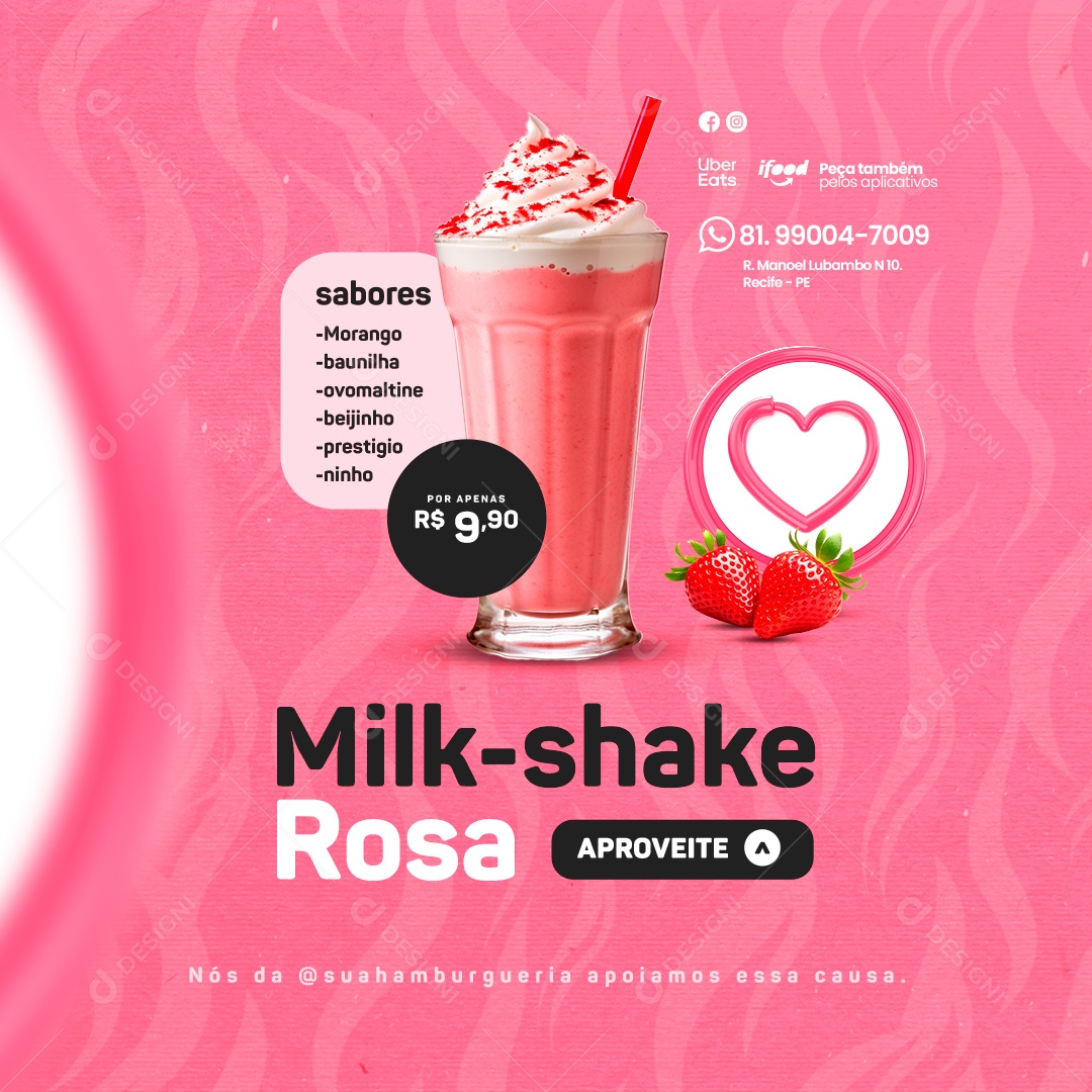 Sorveteria Outubro Rosa Milk Shake Aproveite Sabores Morango Baunilha Ovo Maltine Social Media PSD Editável