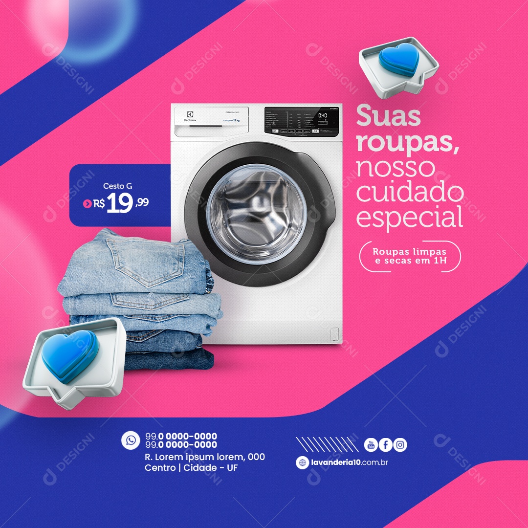 Lavanderia Suas Roupas nosso Cuidado Especial Social Media PSD Editável