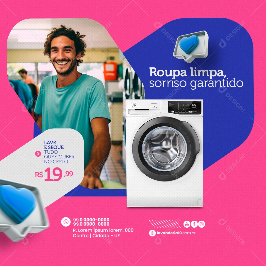 Lavanderia Roupa Limpa Sorriso Garantido Lave e Seque Social Media PSD Editável