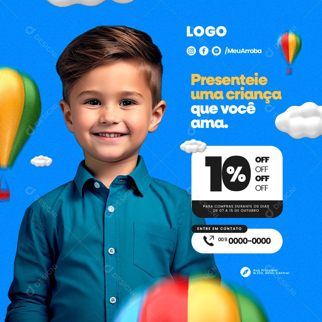 Loja de Brinquedos Dia das Crianças Presenteie uma Criança que Você Ama 10% Off Social Media PSD Editável