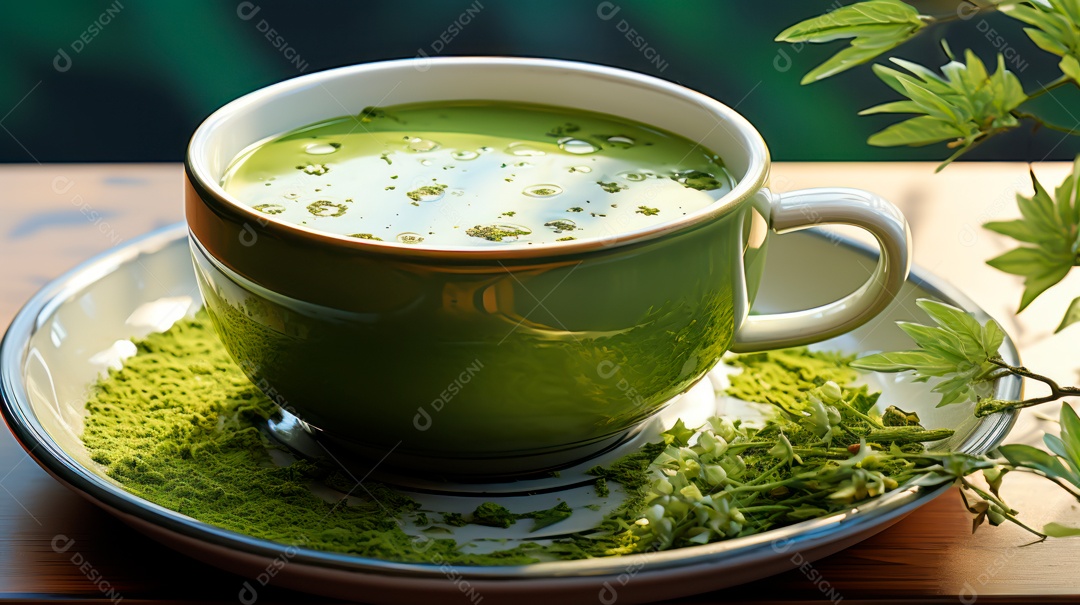 Xícara de chá sobre uma mesa de madeira.