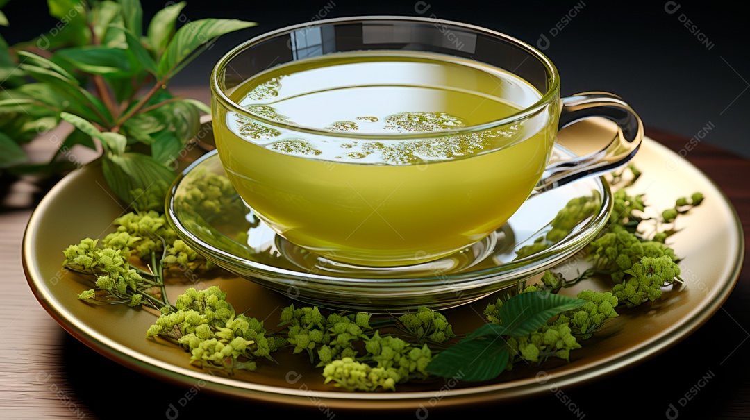 Xícara ao lado de bule sobre uma mesa de madeira.