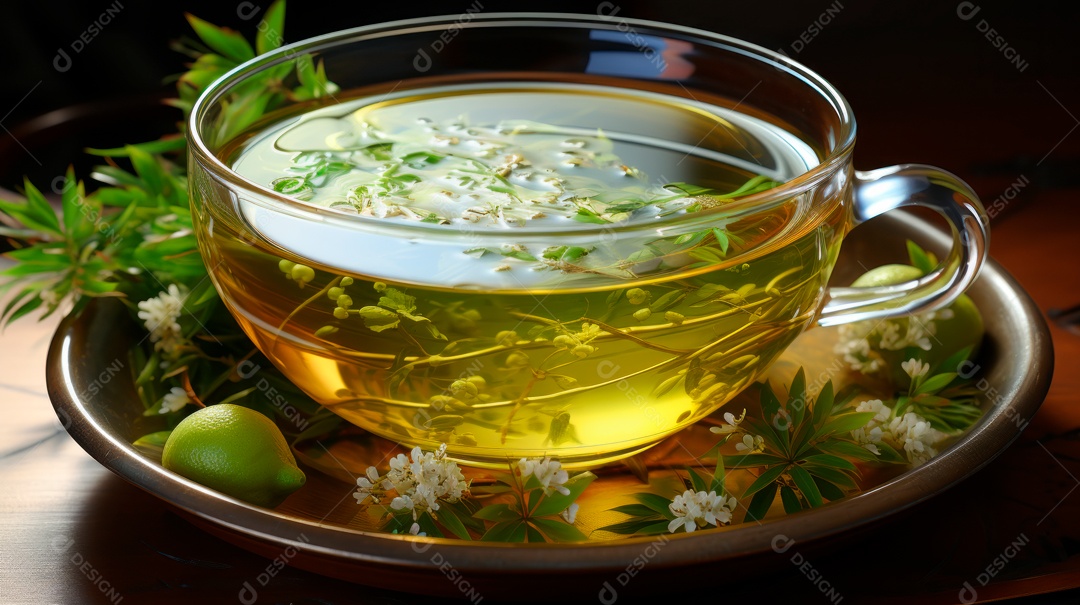 Xícara ao lado de bule sobre uma mesa de madeira.