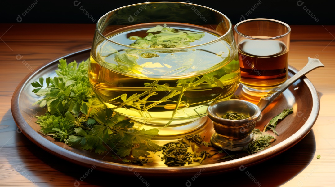 Xícara ao lado de bule sobre uma mesa de madeira.