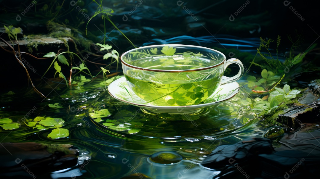 Xícara ao lado de bule sobre uma mesa de madeira.