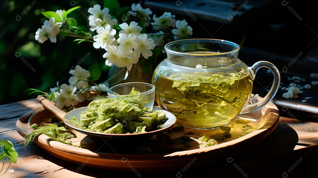Xícara de chá sobre uma mesa de madeira.