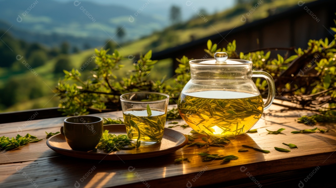 Xícara de chá sobre uma mesa.