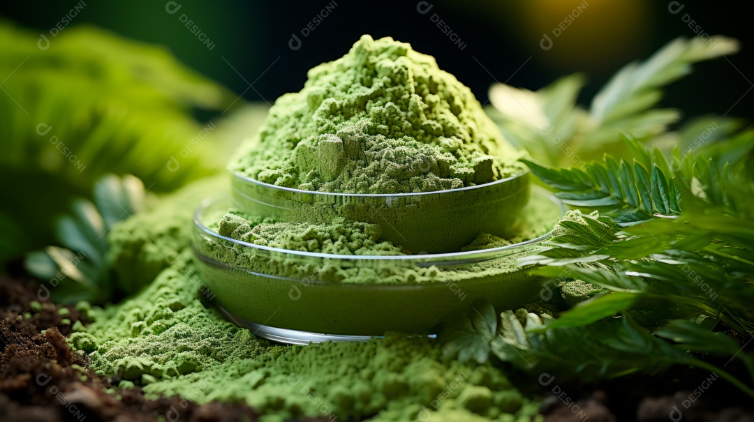 Xícara de chá verde sobre uma mesa de madeira.