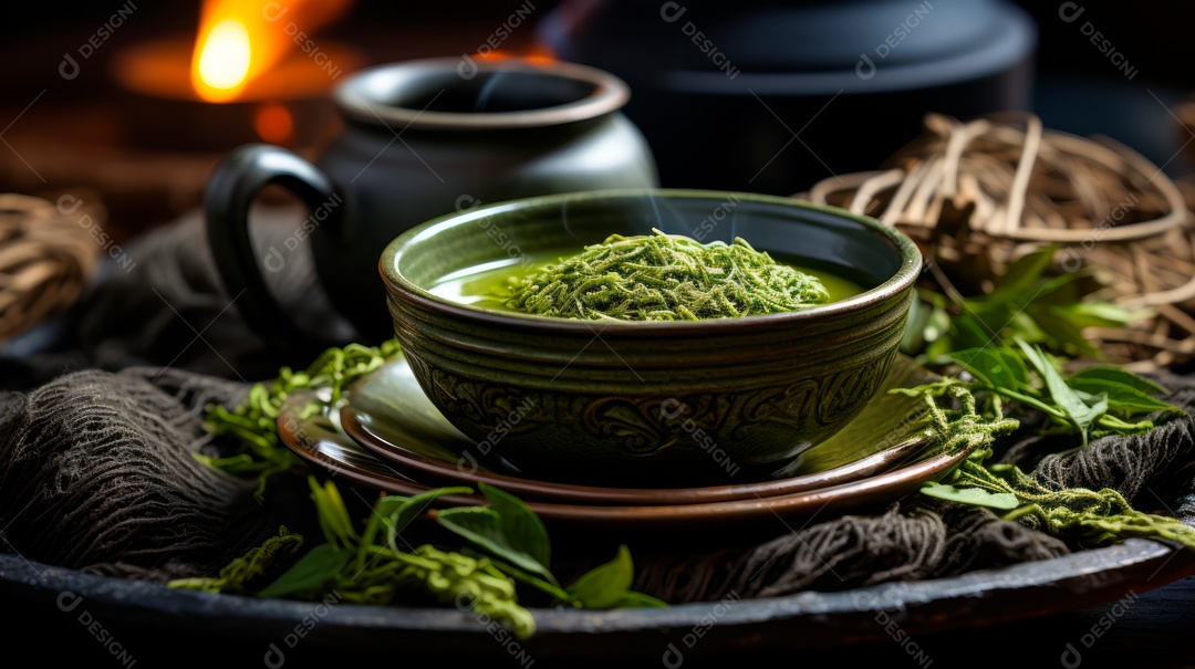 Xícara de chá verde sobre uma mesa de madeira.