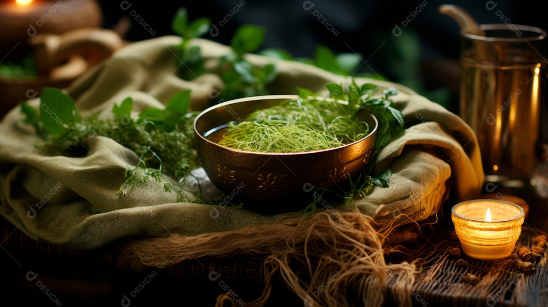 Xícara de chá verde sobre uma mesa de madeira.