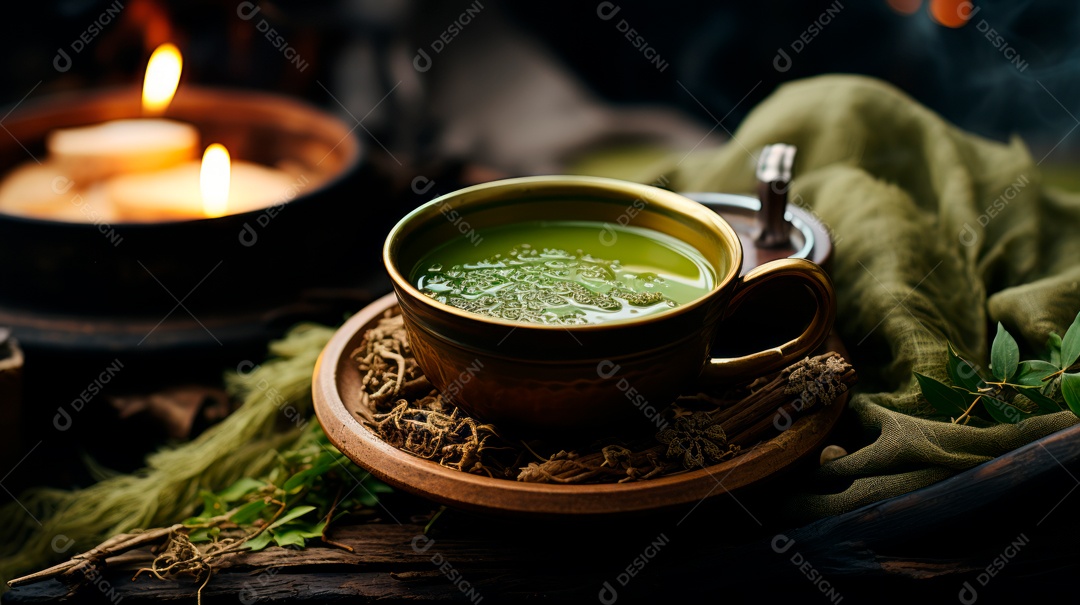 Xícara de chá sobre uma mesa.