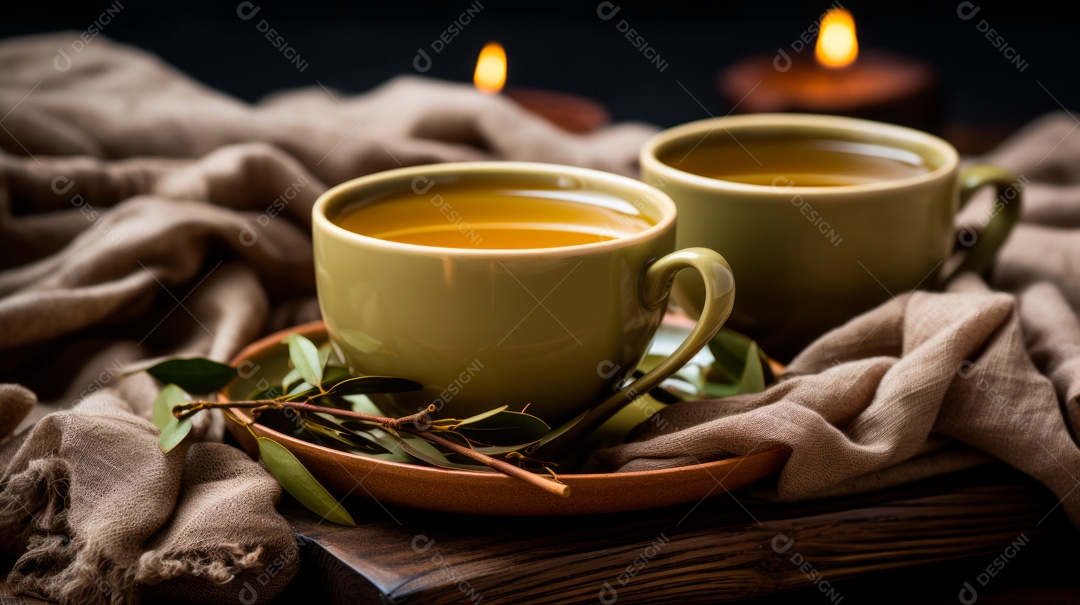 Xícara de chá sobre uma mesa.