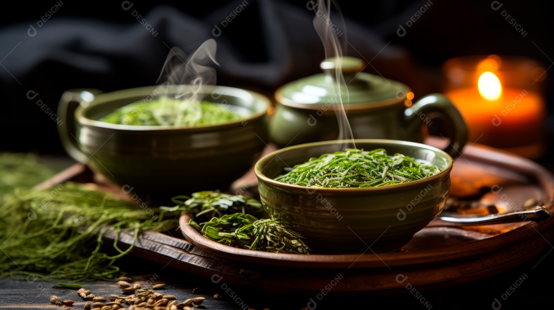 Xícara de chá sobre uma mesa.