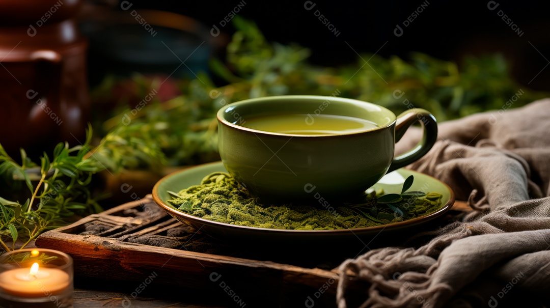 Xícara de chá sobre uma mesa.