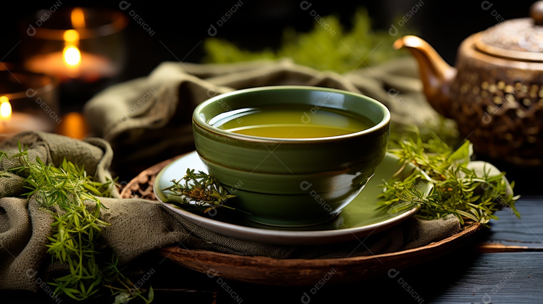 Xícara de chá sobre uma mesa.