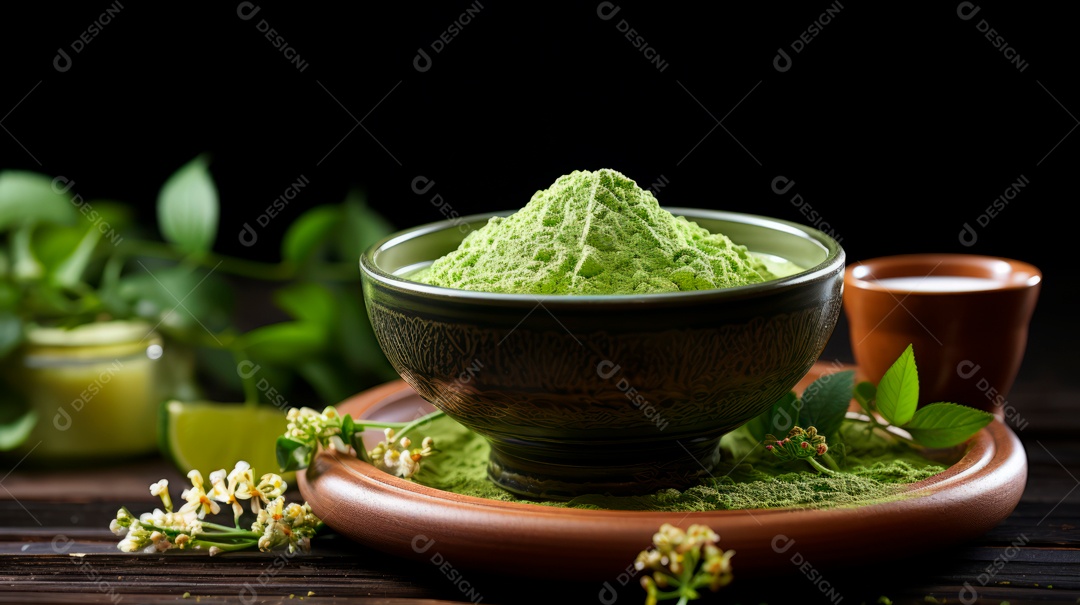 Sachê sobre uma tigela em uma mesa de madeira.