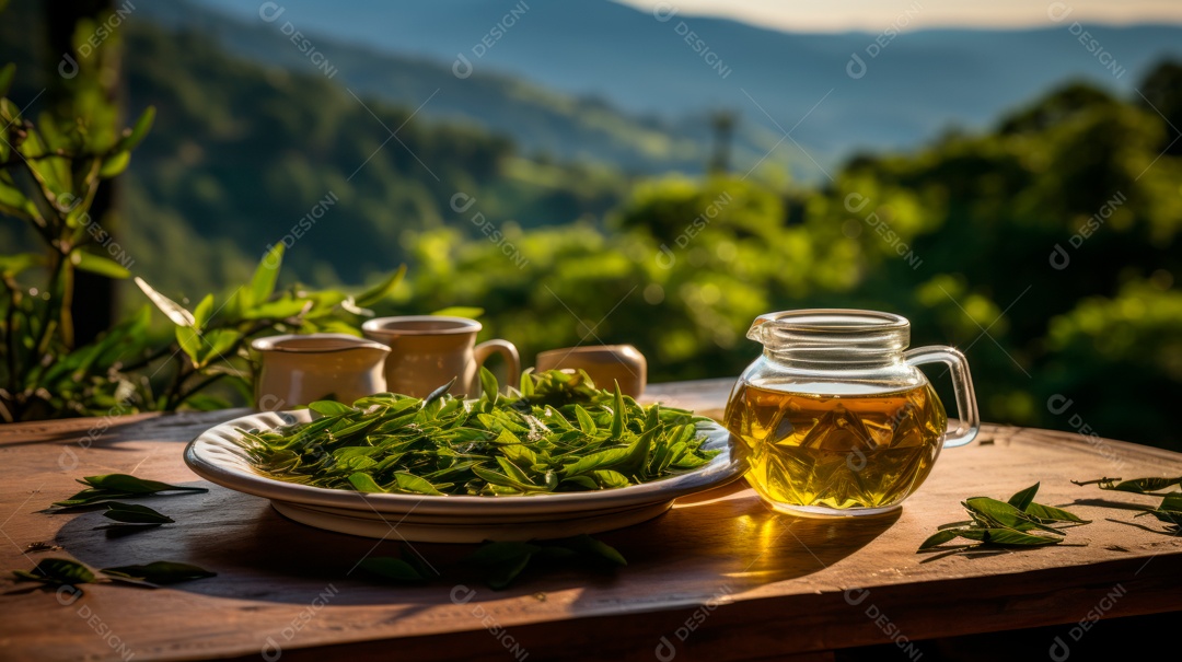 Xícara ao lado de bule sobre uma mesa de madeira.