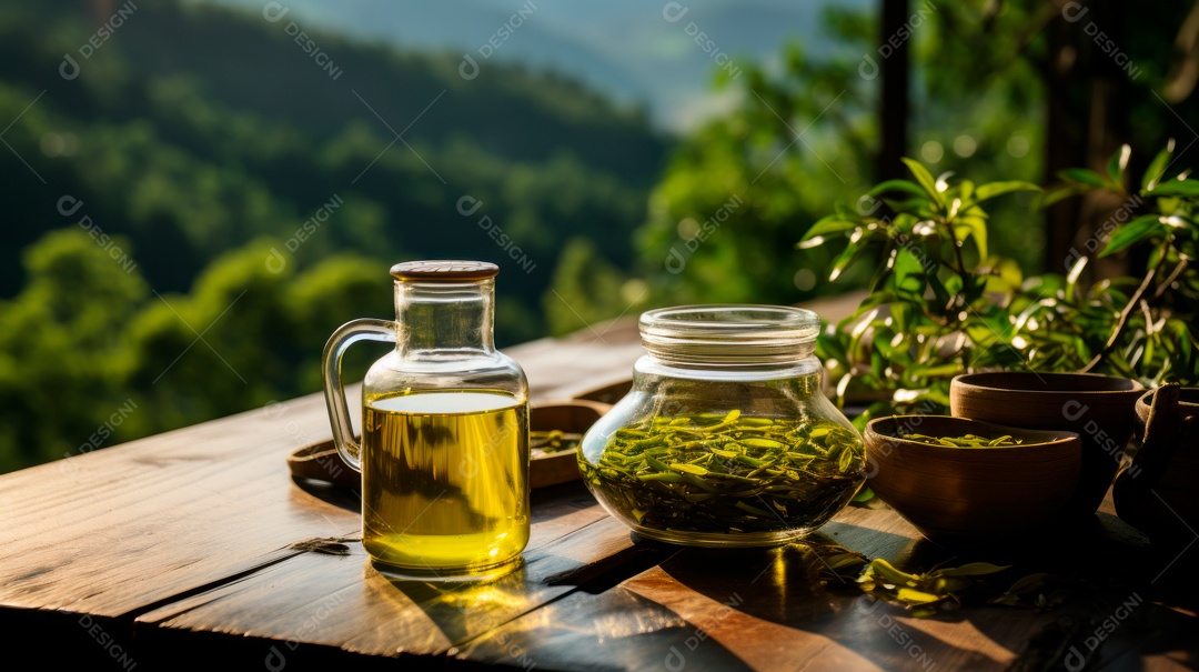 Xícara ao lado de bule sobre uma mesa de madeira.