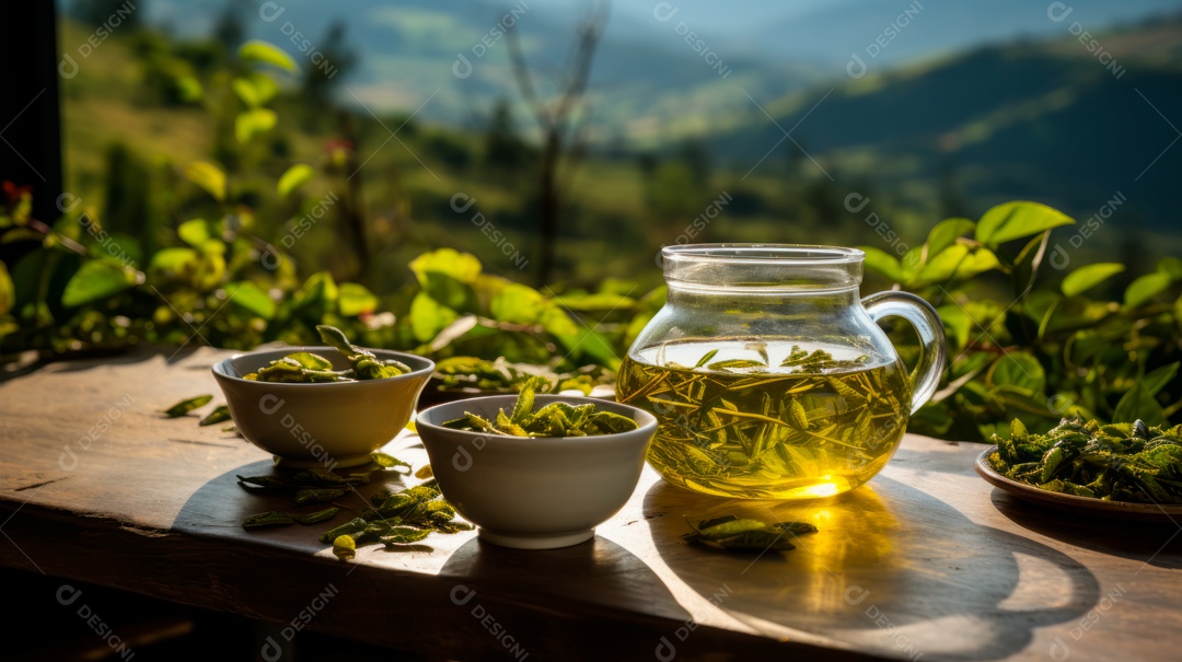 Xícara ao lado de bule sobre uma mesa de madeira.