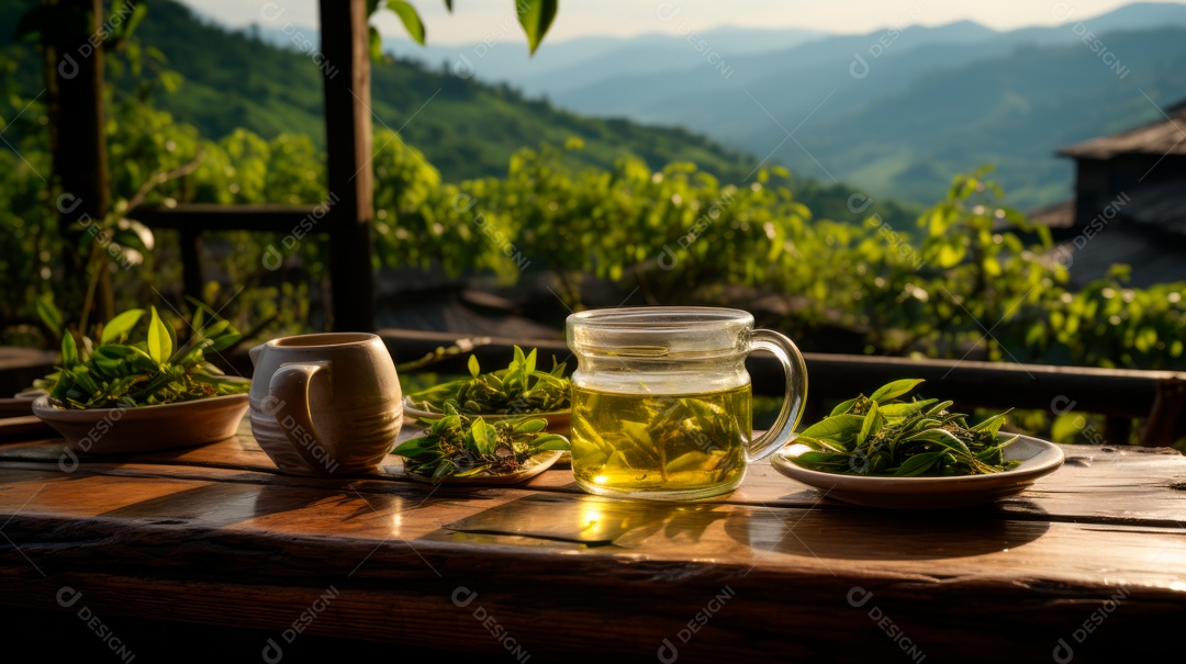 Xícara ao lado de bule sobre uma mesa de madeira.