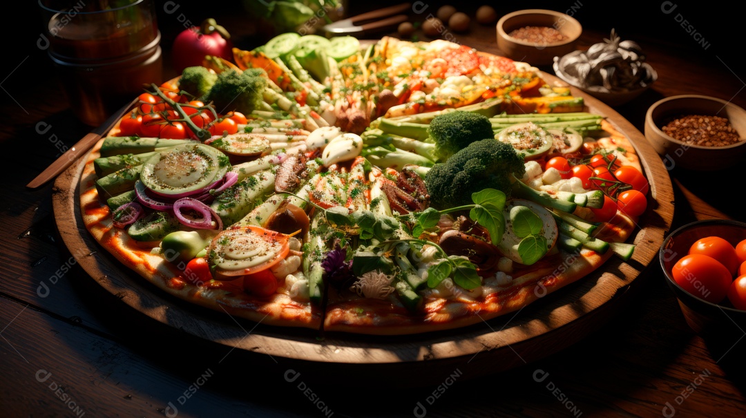 Pizza assada saborosa sobre uma mesa de madeira.