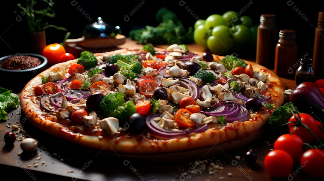 Pizza assada saborosa sobre uma mesa de madeira.