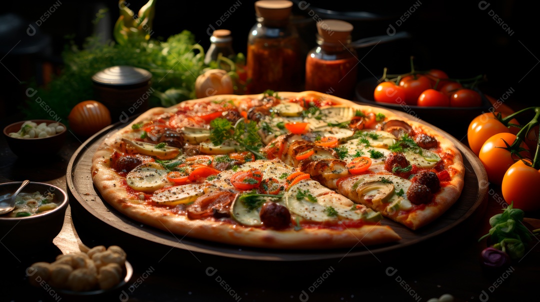 Pizza assada saborosa sobre uma mesa de madeira.