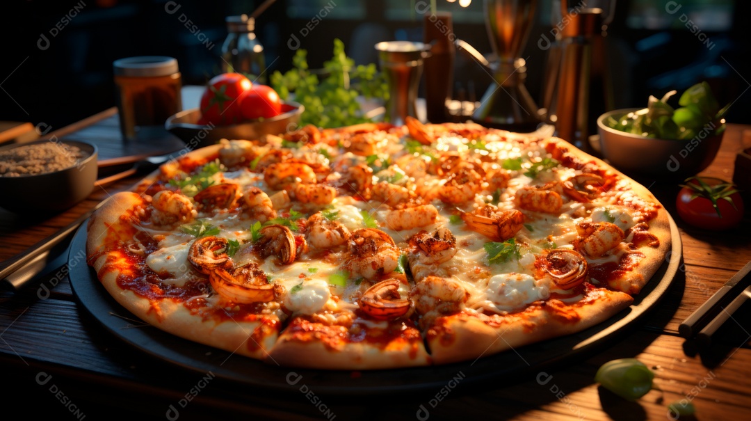 Pizza assada saborosa sobre uma mesa de madeira.