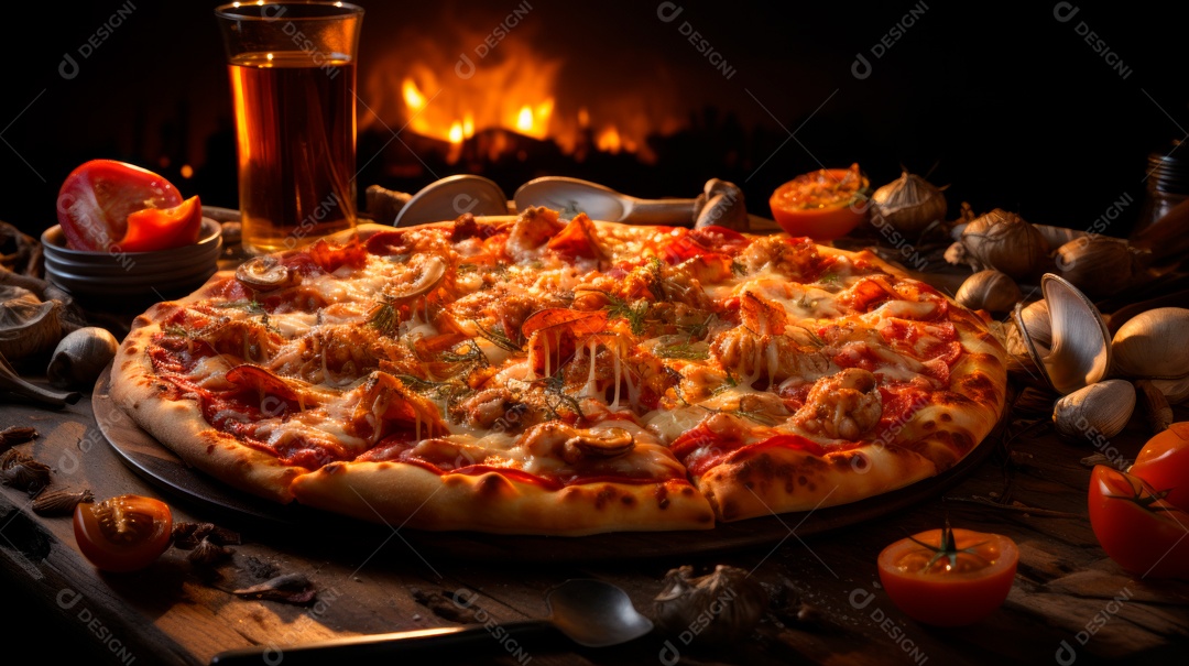 Pizza assada saborosa sobre uma mesa de madeira.