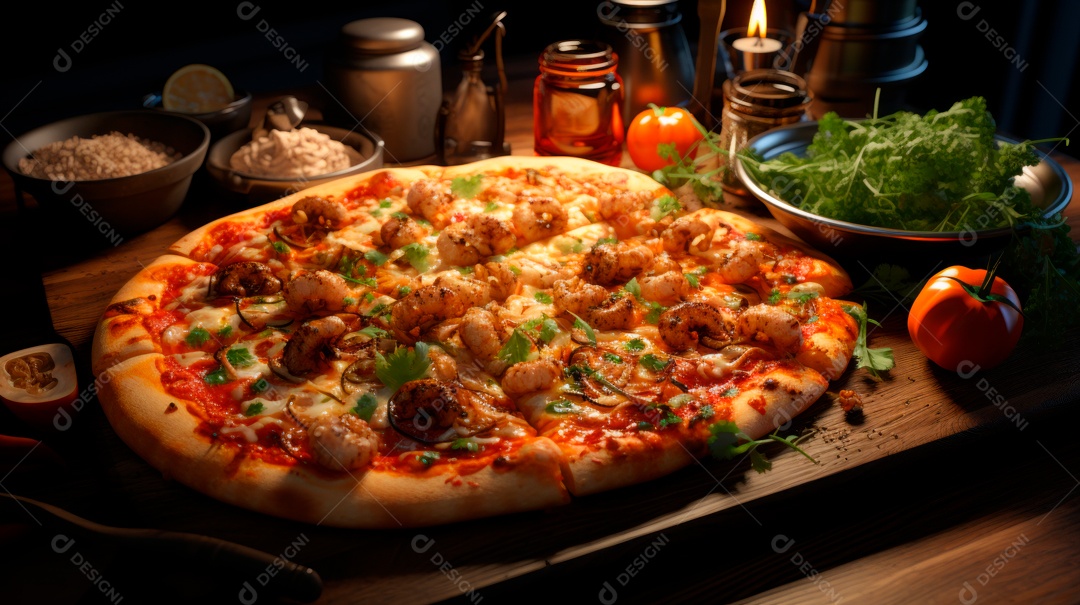 Pizza assada saborosa sobre uma mesa de madeira.