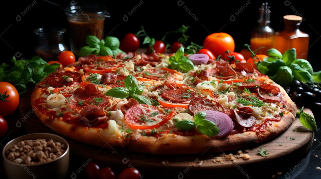 Pizza assada saborosa sobre uma mesa de madeira.
