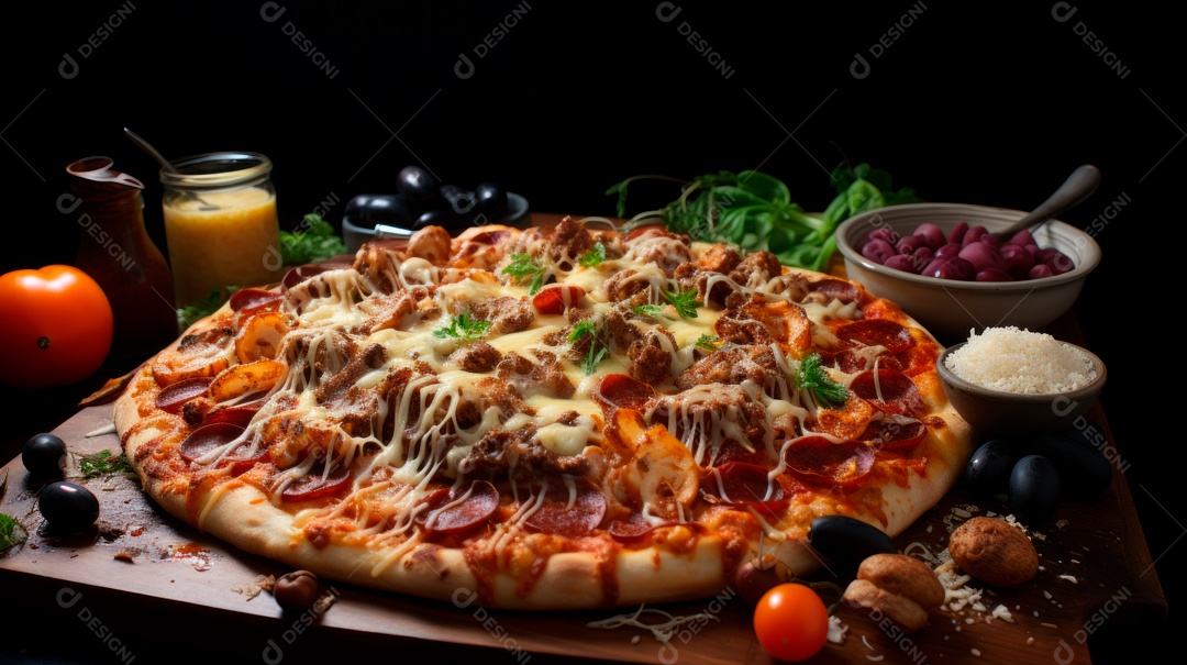 Pizza assada saborosa sobre uma mesa de madeira.