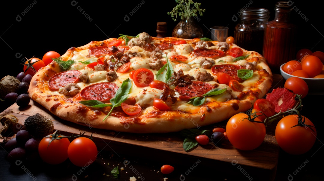 Pizza assada saborosa sobre uma mesa de madeira.