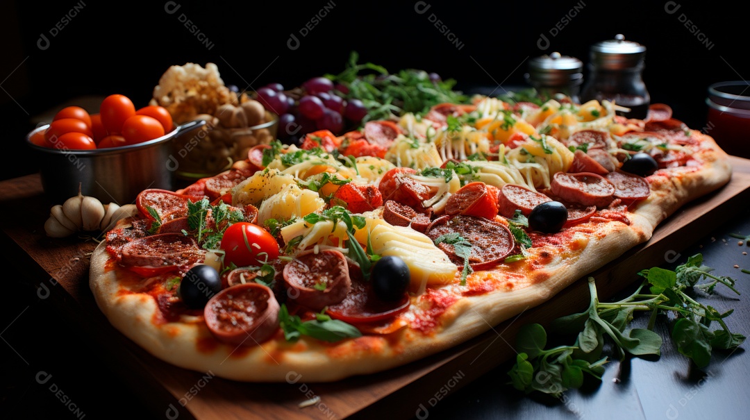 Pizza assada saborosa sobre uma mesa de madeira.