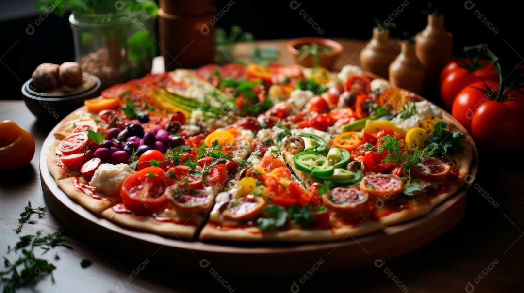 Pizza assada saborosa sobre uma mesa de madeira.