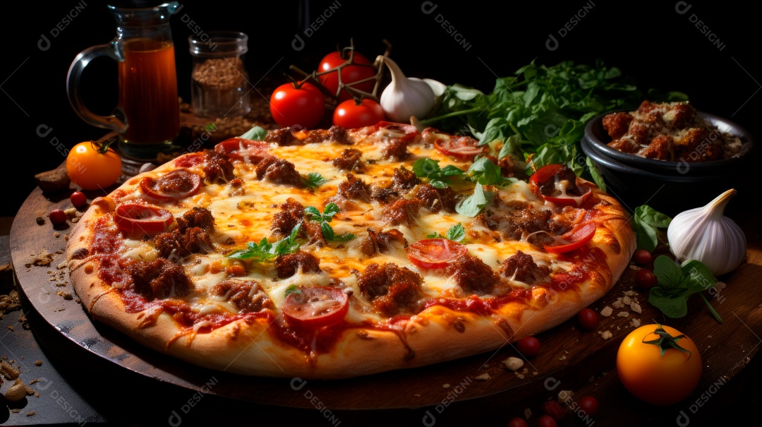 Pizza assada saborosa sobre uma mesa de madeira.