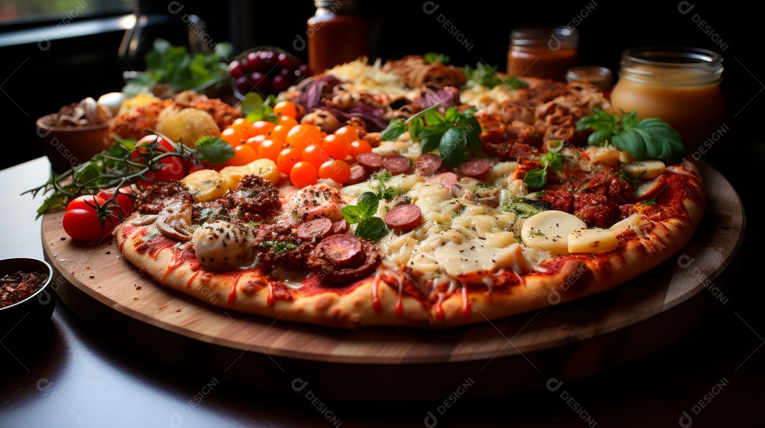 Pizza assada saborosa sobre uma mesa de madeira.