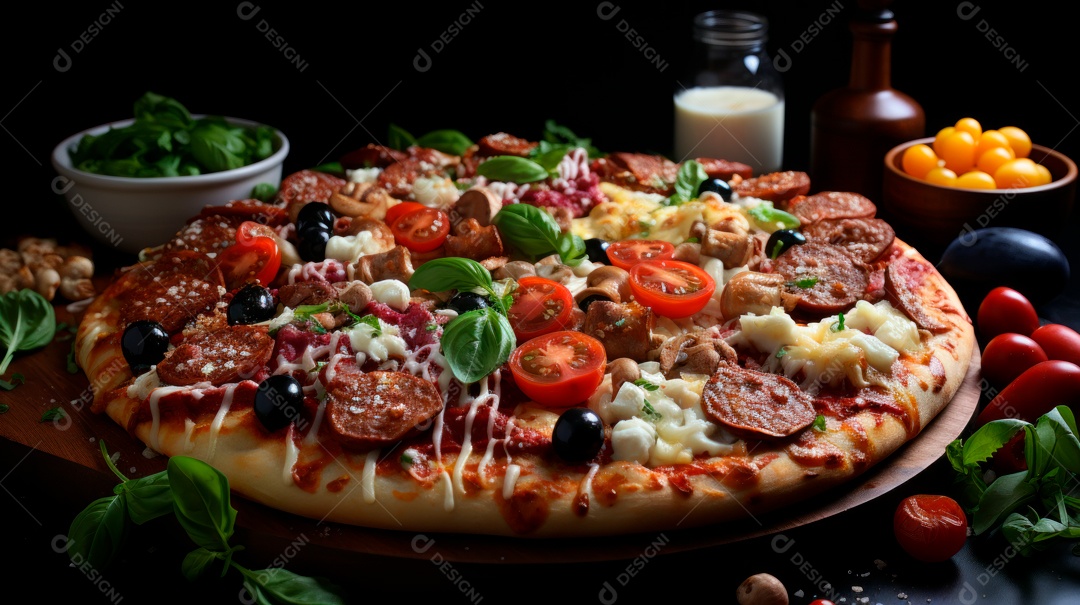 Pizza assada saborosa sobre uma mesa de madeira.