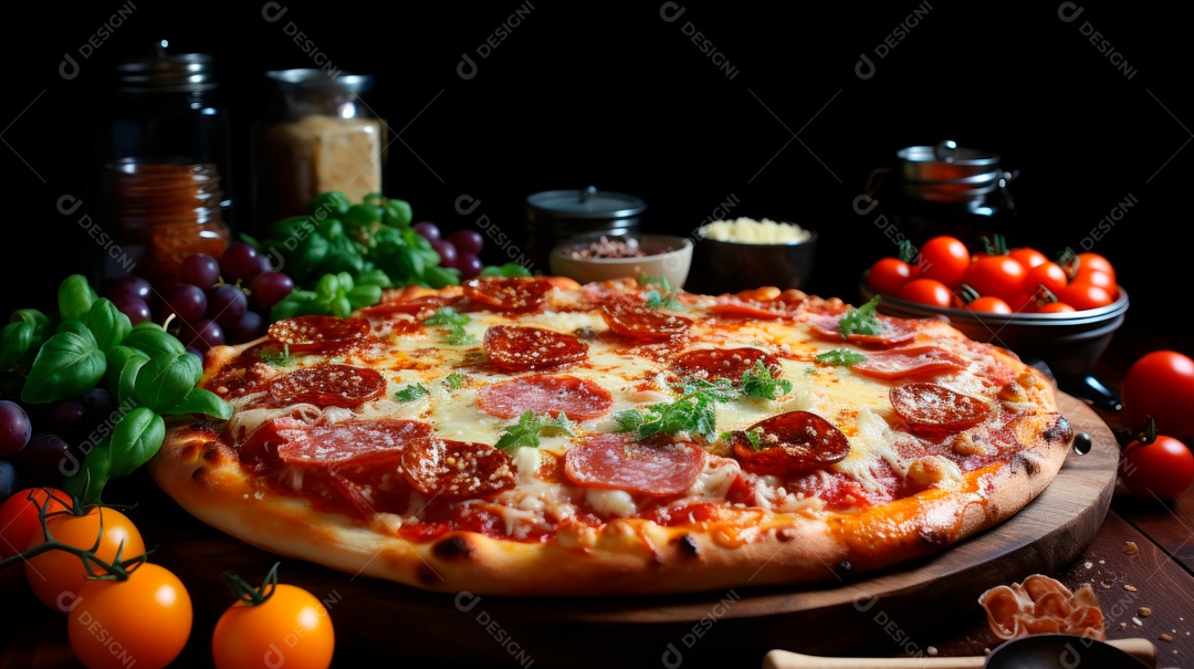 Pizza assada saborosa sobre uma mesa de madeira.