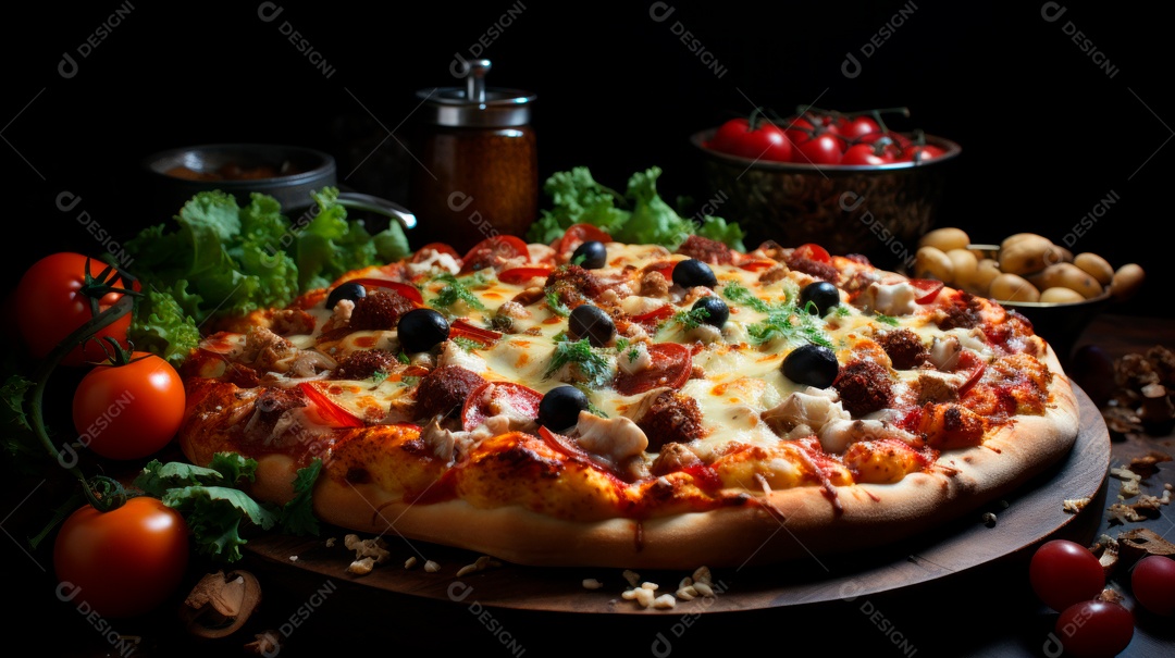 Pizza assada saborosa sobre uma mesa de madeira.