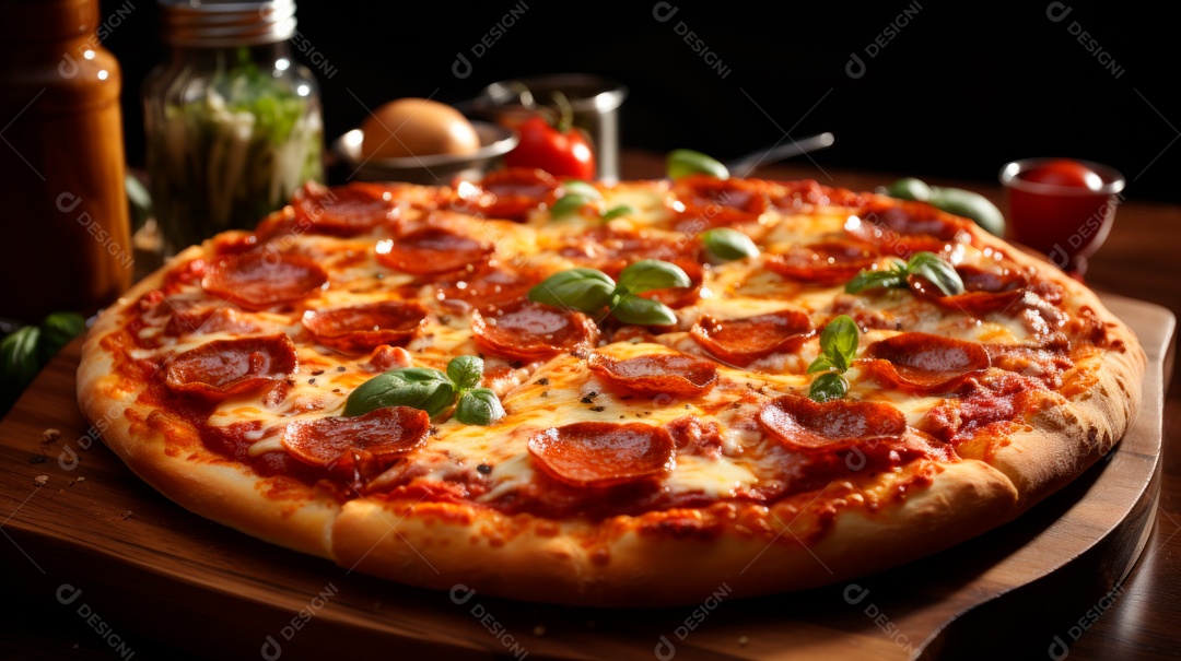 Pizza assada saborosa sobre uma mesa de madeira.