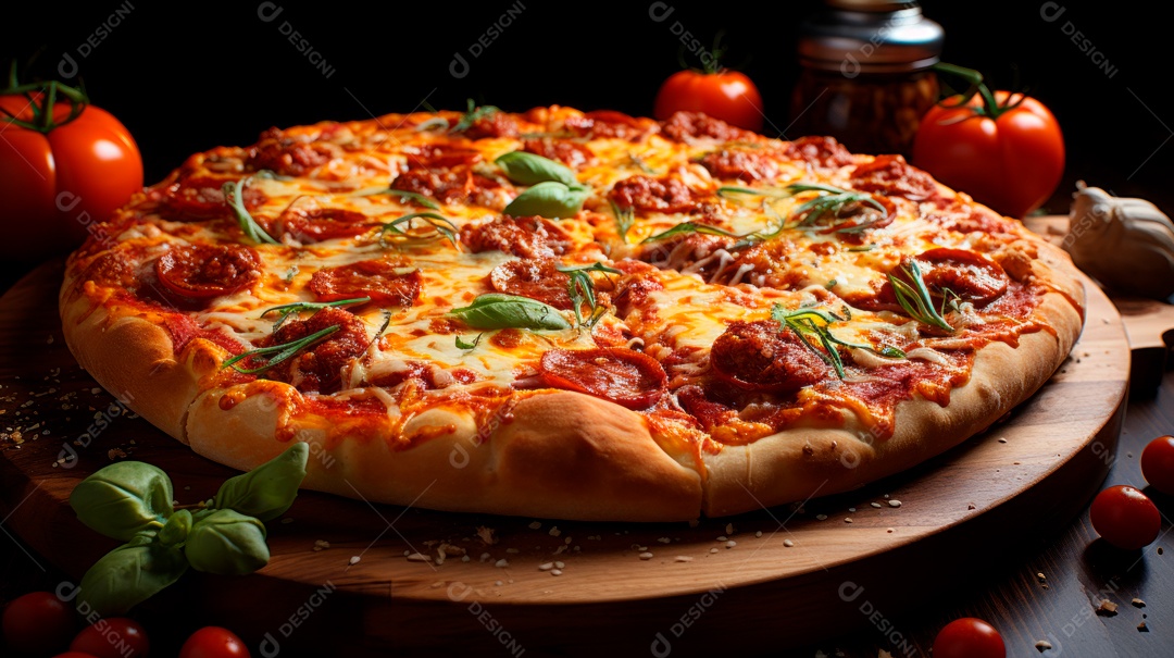 Pizza assada saborosa sobre uma mesa de madeira.