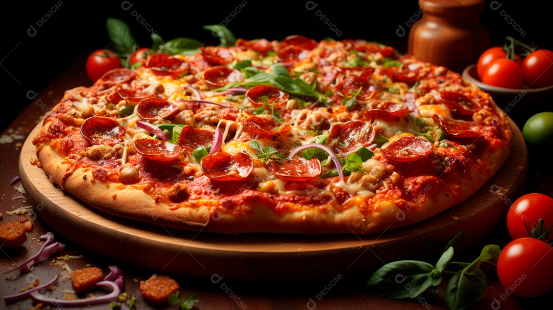 Pizza assada saborosa sobre uma mesa de madeira.