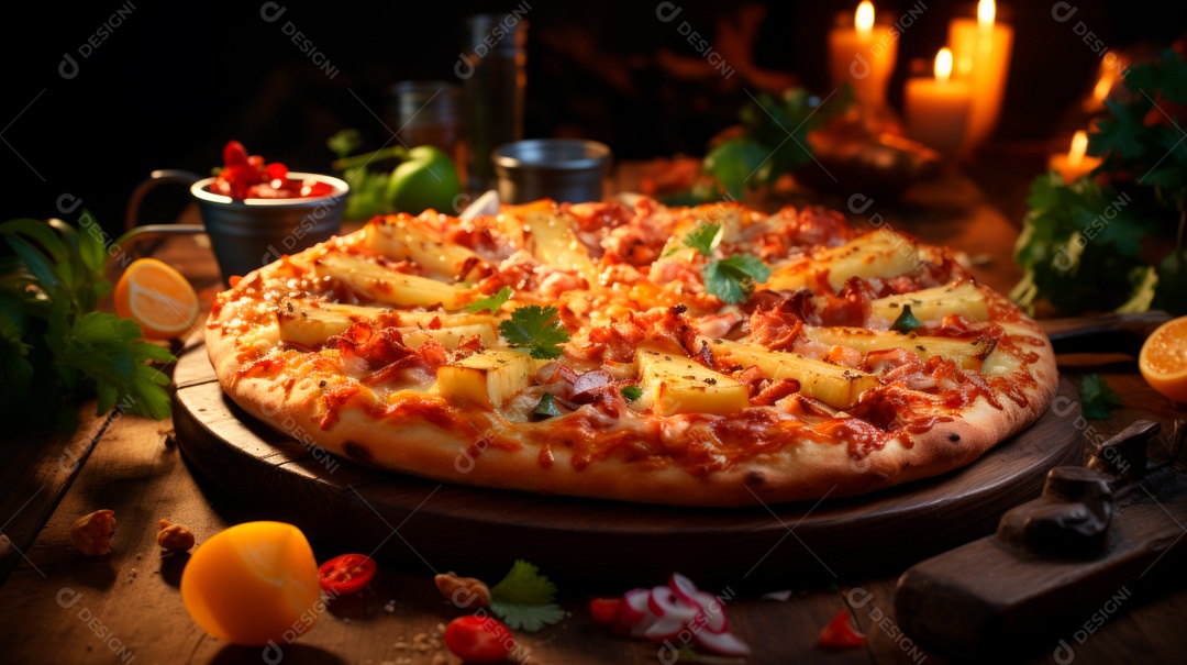 Pizza assada saborosa sobre uma mesa de madeira.