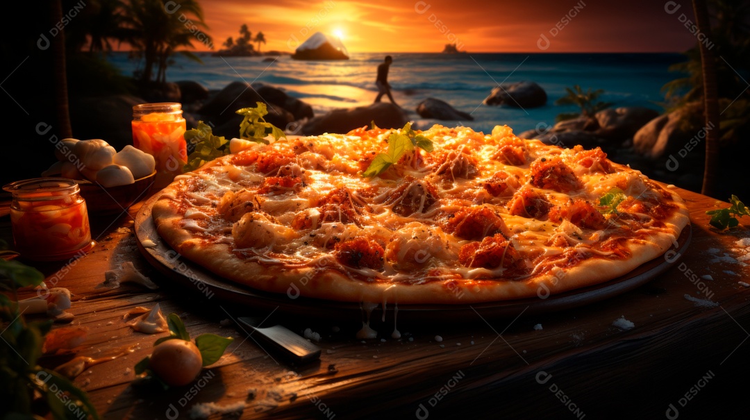 Pizza assada saborosa sobre uma mesa de madeira.